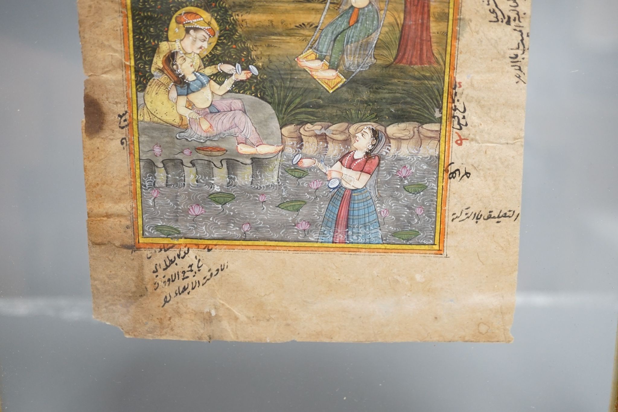 Indian School, Figures playing castanets, framed gouache manuscript, writing verso, 14 cms wide x 24 cms high.